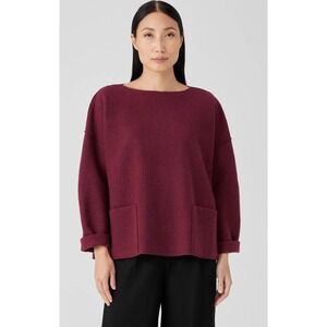 EILEEN FISHER Lightweight Boiled Wool Bateau Neck Box Top M Red Cedar NWT